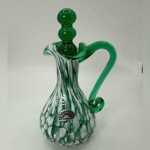 Rainbow Art Glass Hand Blown Cruet Green & White W/ Glass Stopper
